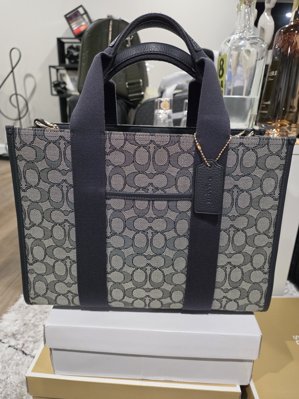 Coach Signature Jacquard Tote in Navy and Gray